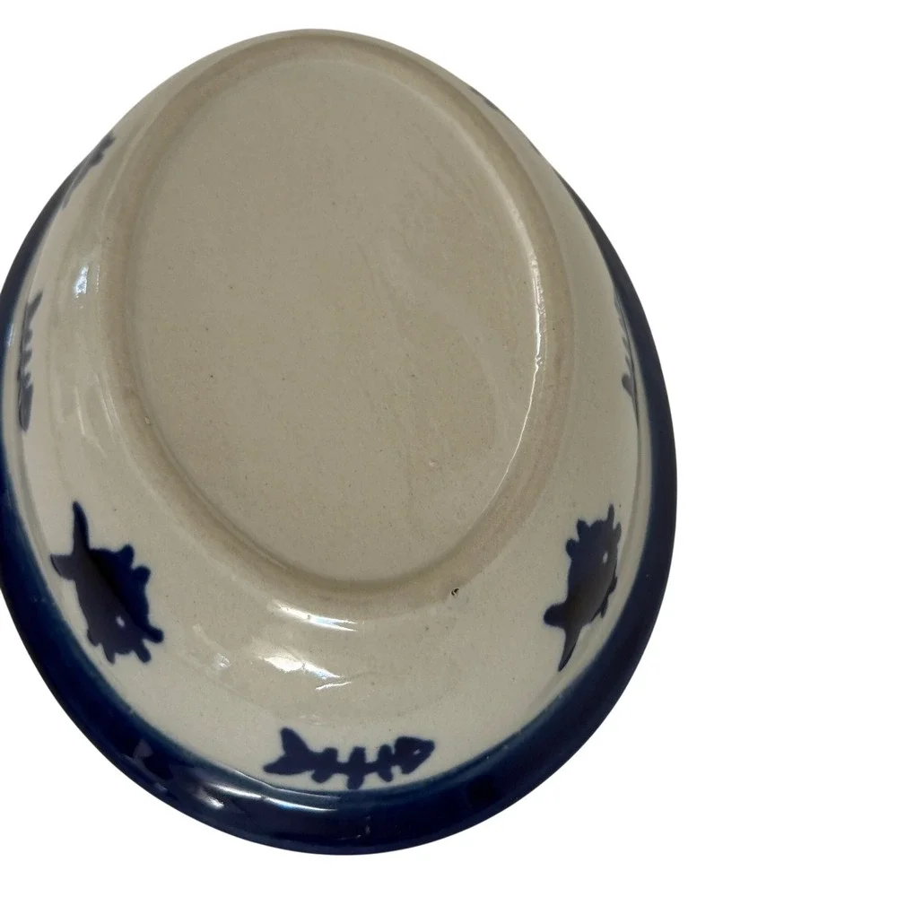 Boots &‎ Barkley Hand Painted Stoneware Cat Food Bowl Blue Fish Oval 6.5